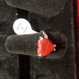 Red Stone Heart Silver Ring Size 9